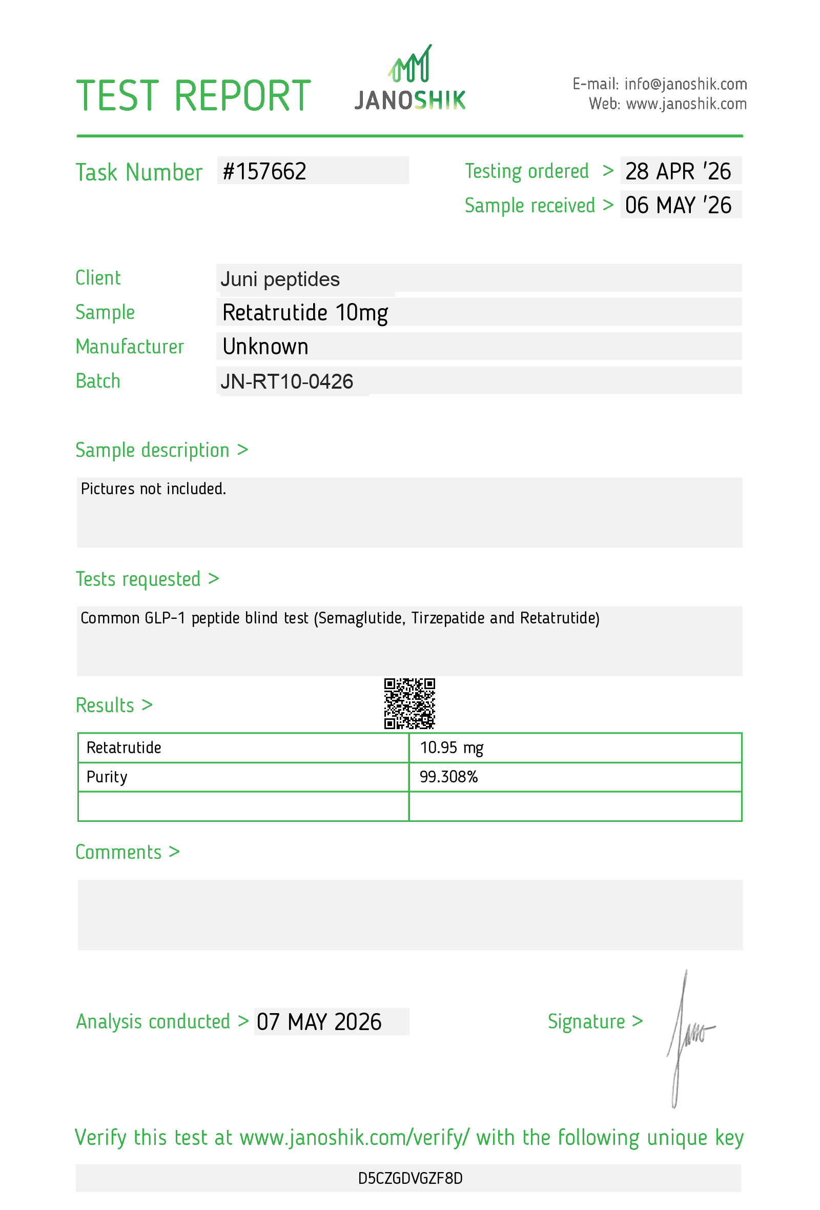 Certificate of Analysis report for Semax, batch JN-RT10-0426